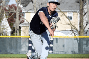 Joe Sabia throws a pitch against Rye on April 29, 2022. Sabia threw 5.2 strong innings to help the Eagles hand the Garnets their first loss of the year.